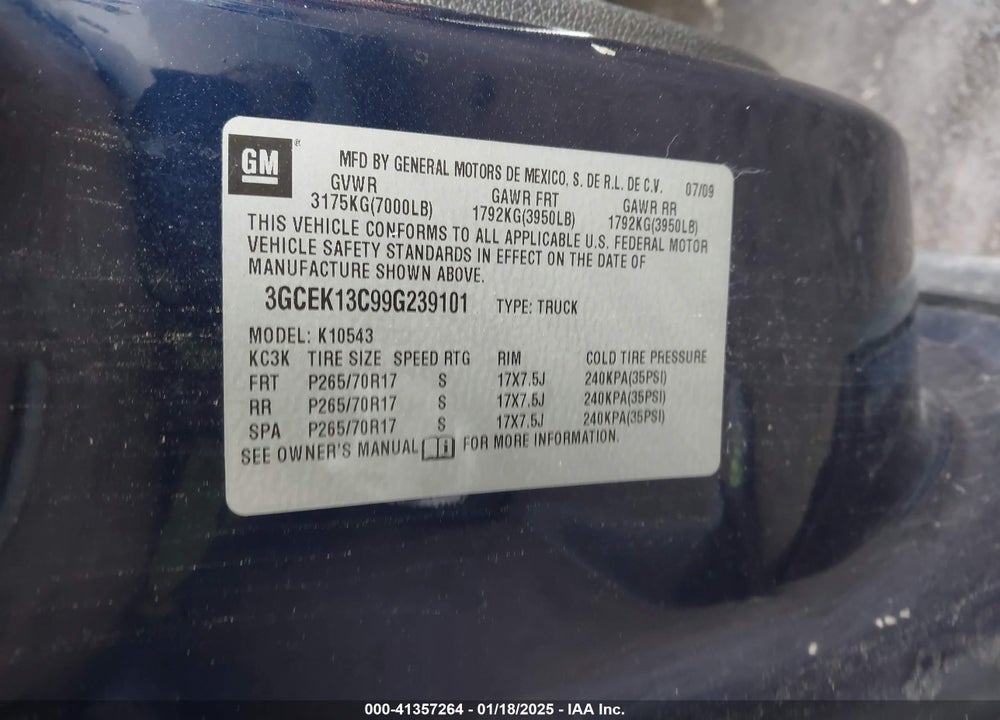 2009 CHEVROLET SILVERADO 1500 VIN: 3GCEK13C99G239101