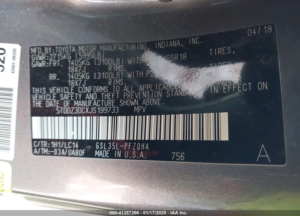 2018 TOYOTA SIENNA VIN: 5TDDZ3DCXJS199733