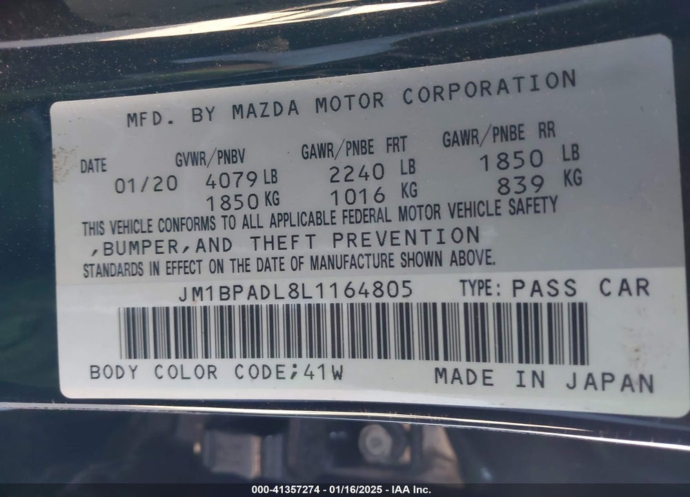 2020 MAZDA 3 PREFERRED PACKAGE VIN: JM1BPADL8L1164805