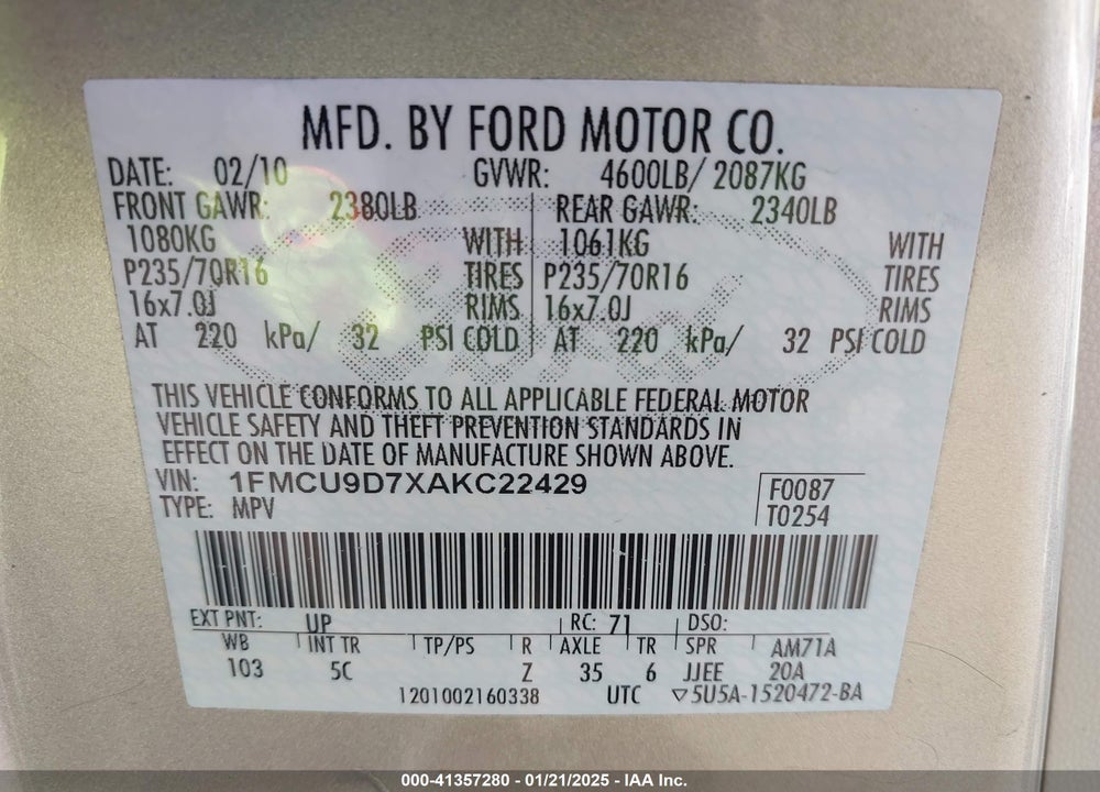 2010 FORD ESCAPE XLT VIN: 1FMCU9D7XAKC22429