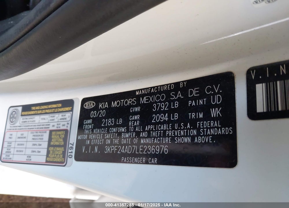 2020 KIA FORTE VIN: 3KPF24AD7LE236976