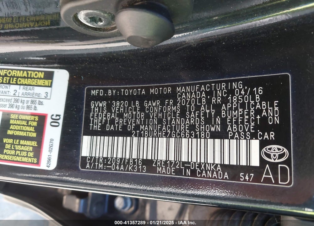 2016 TOYOTA COROLLA VIN: 2T1BURHE7GC663180