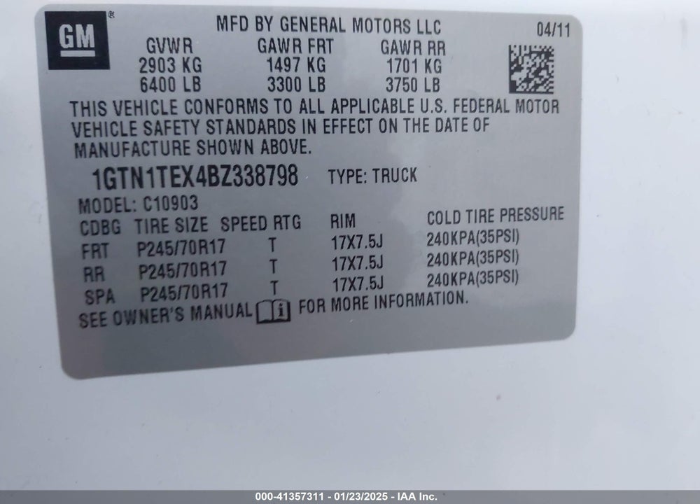 2011 GMC SIERRA 1500 WORK TRUCK VIN: 1GTN1TEX4BZ338798
