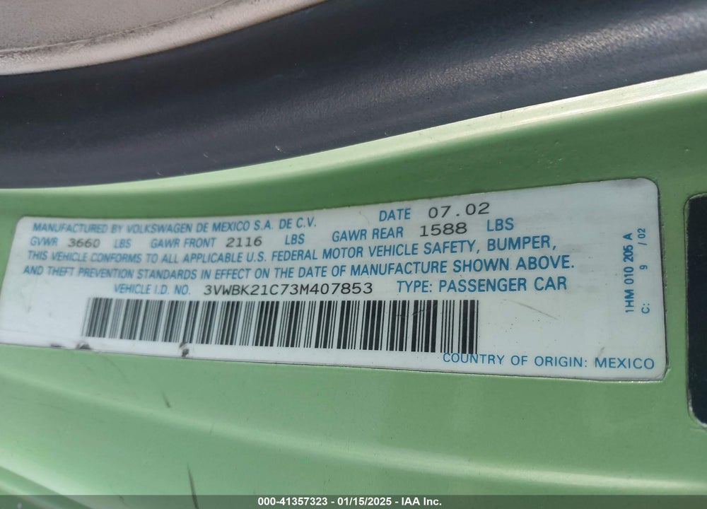 2003 VOLKSWAGEN NEW BEETLE GL VIN: 3VWBK21C73M407853