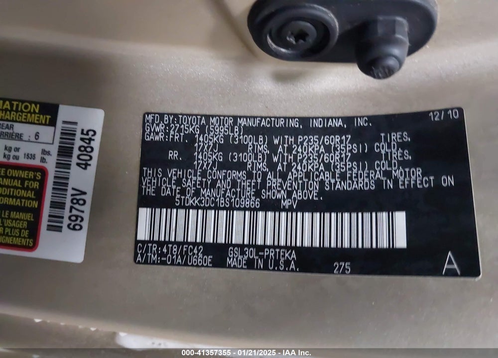 2011 TOYOTA SIENNA LE V6 VIN: 5TDKK3DC1BS109866