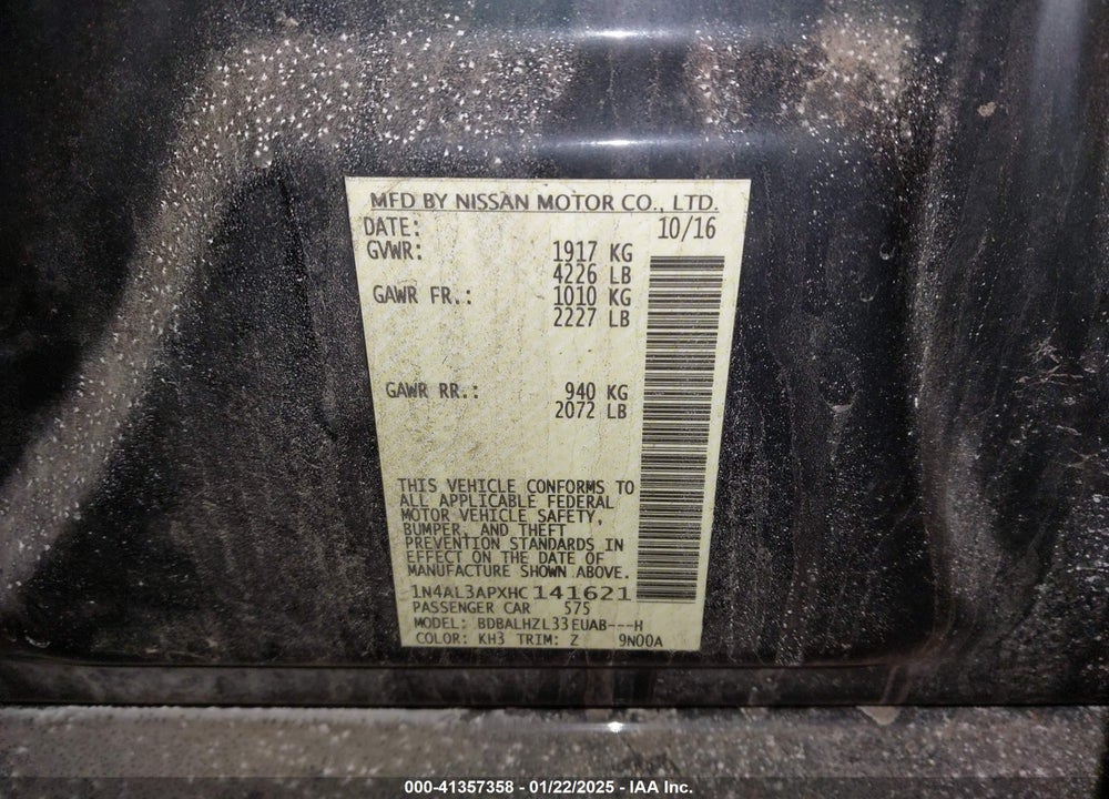 2017 NISSAN ALTIMA VIN: 1N4AL3APXHC141621