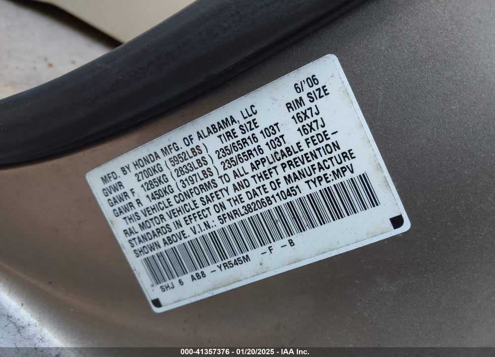 2006 HONDA ODYSSEY VIN: 5FNRL38206B110451
