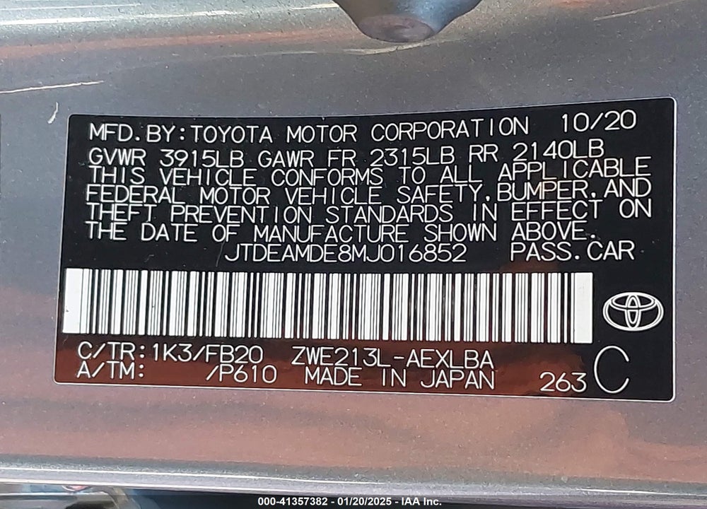 2021 TOYOTA COROLLA VIN: JTDEAMDE8MJ016852