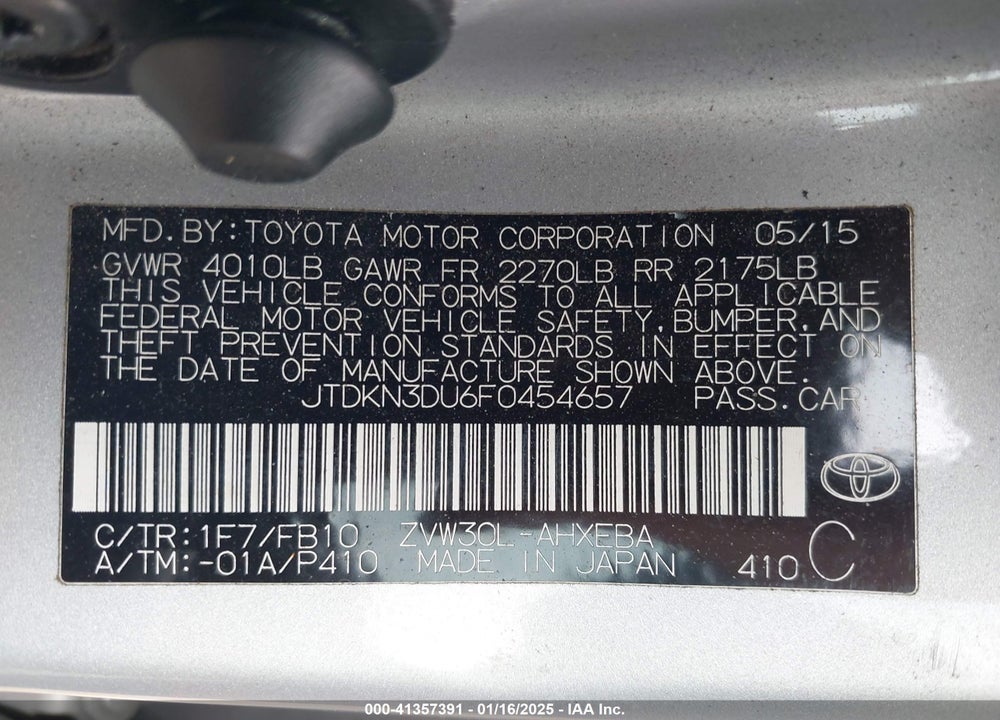 2015 TOYOTA PRIUS VIN: JTDKN3DU6F0454657