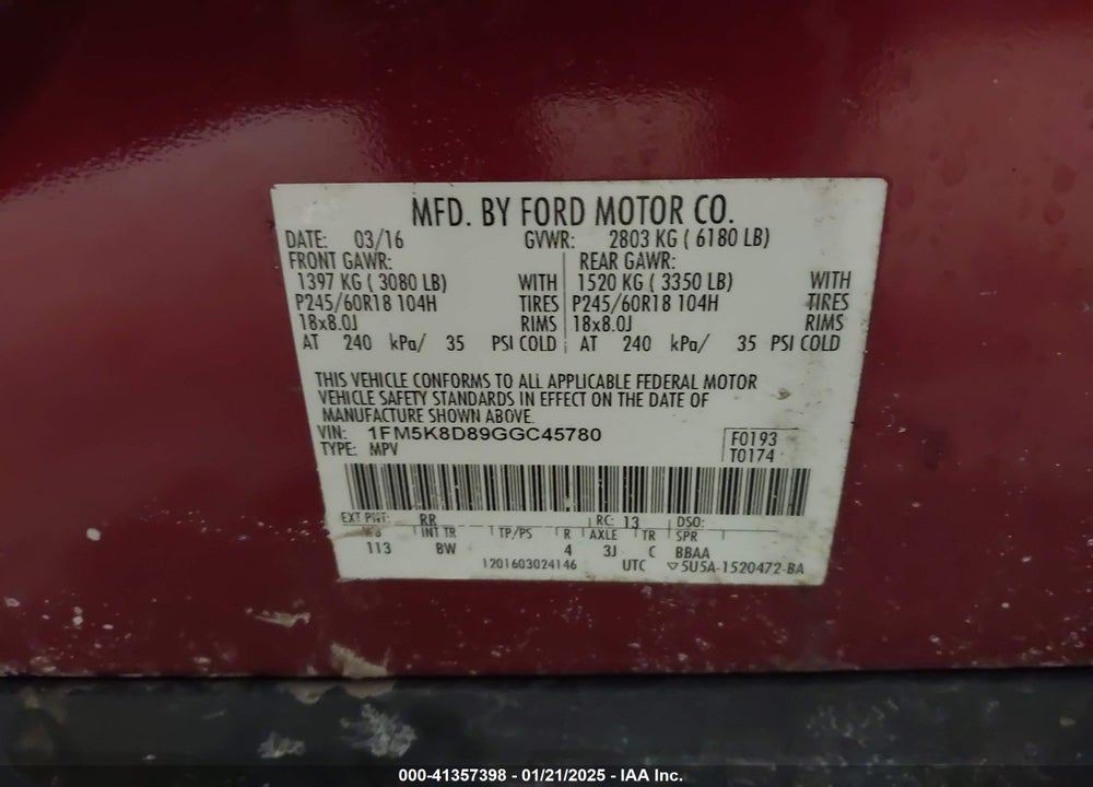 2016 FORD EXPLORER VIN: 1FM5K8D89GGC45780