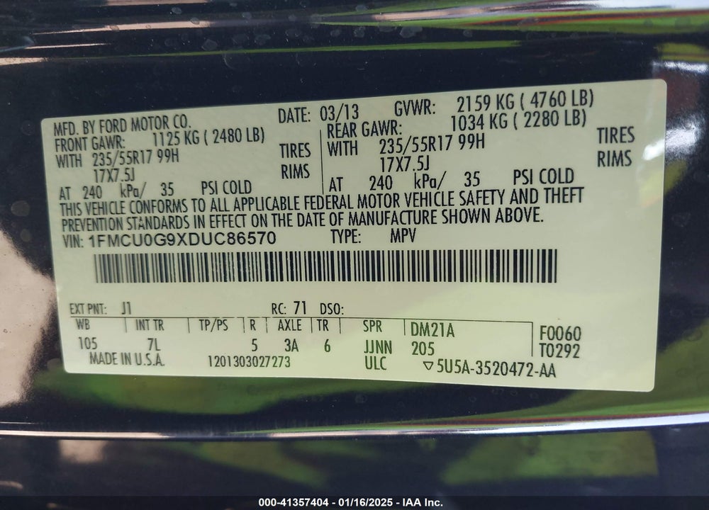 2013 FORD ESCAPE SE VIN: 1FMCU0G9XDUC86570