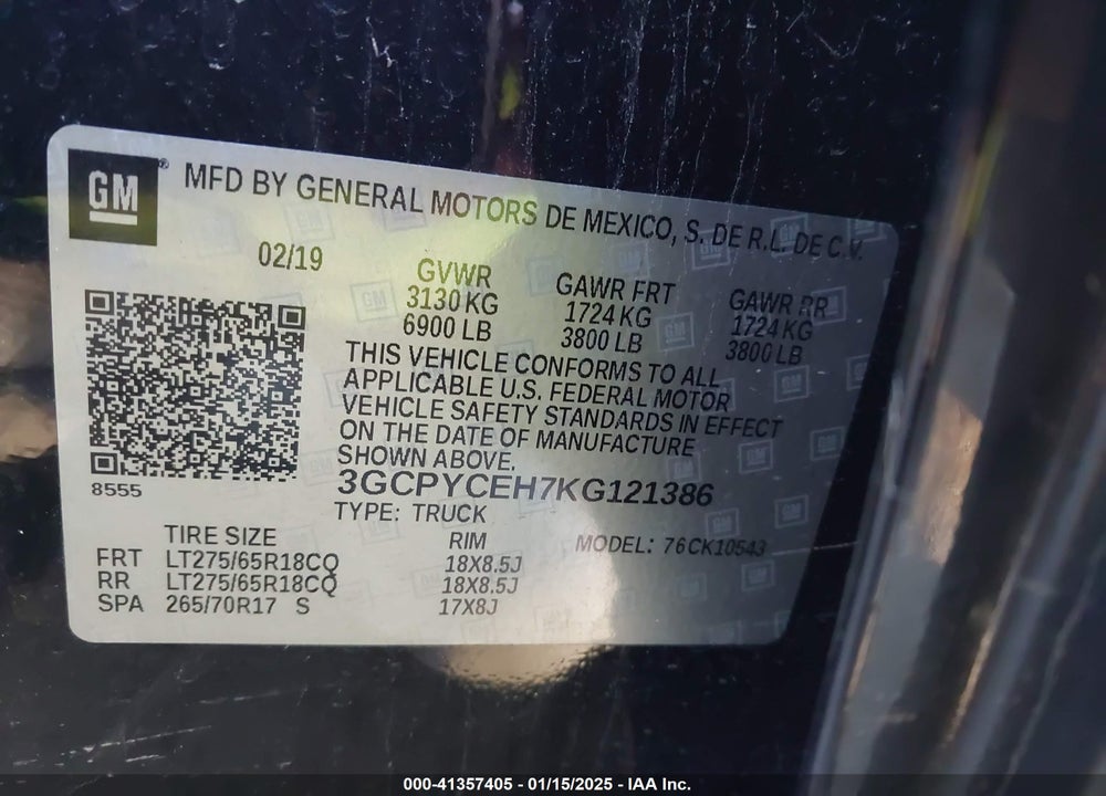 2019 CHEVROLET SILVERADO 1500 VIN: 3GCPYCEH7KG121386