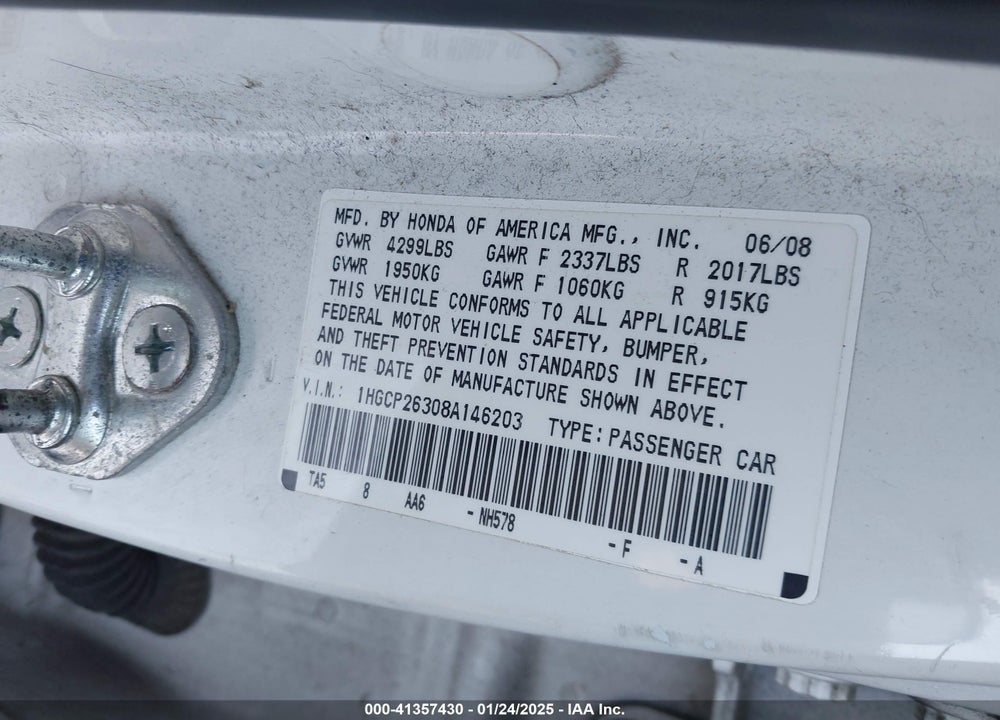 2008 HONDA ACCORD VIN: 1HGCP26308A146203