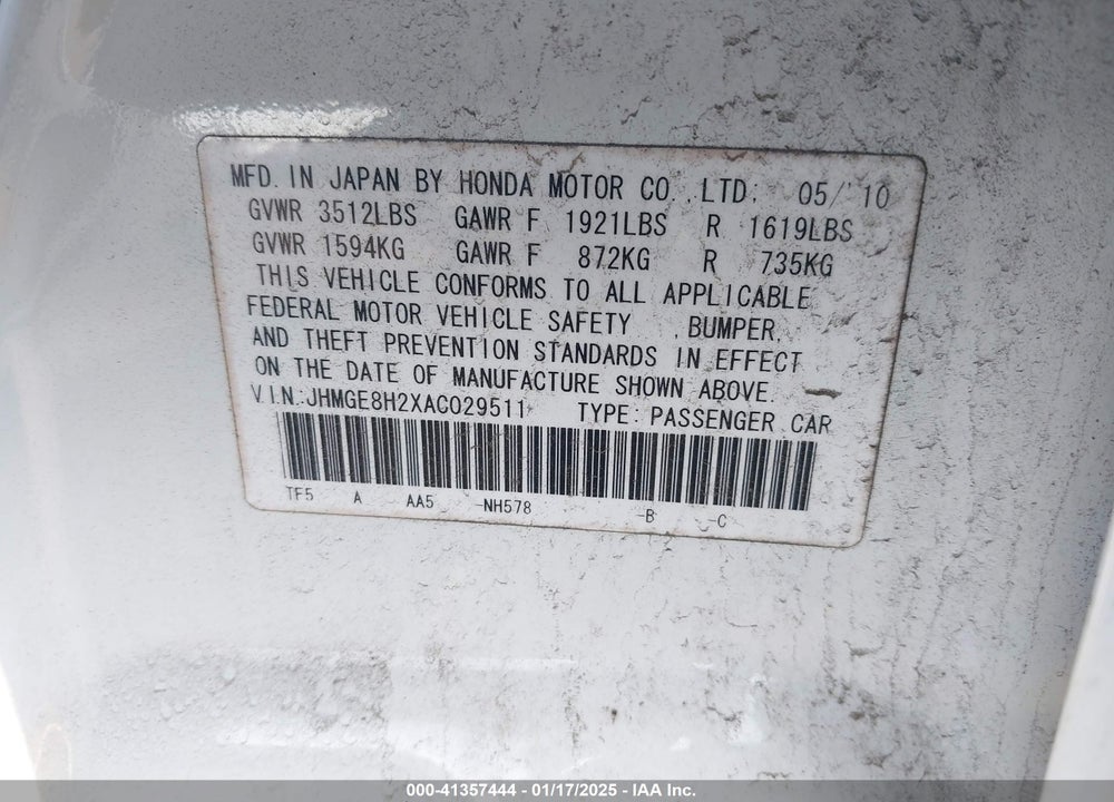 2010 HONDA FIT VIN: JHMGE8H2XAC029511