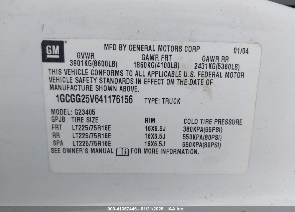 2004 CHEVROLET EXPRESS VIN: 1GCGG25V641176156