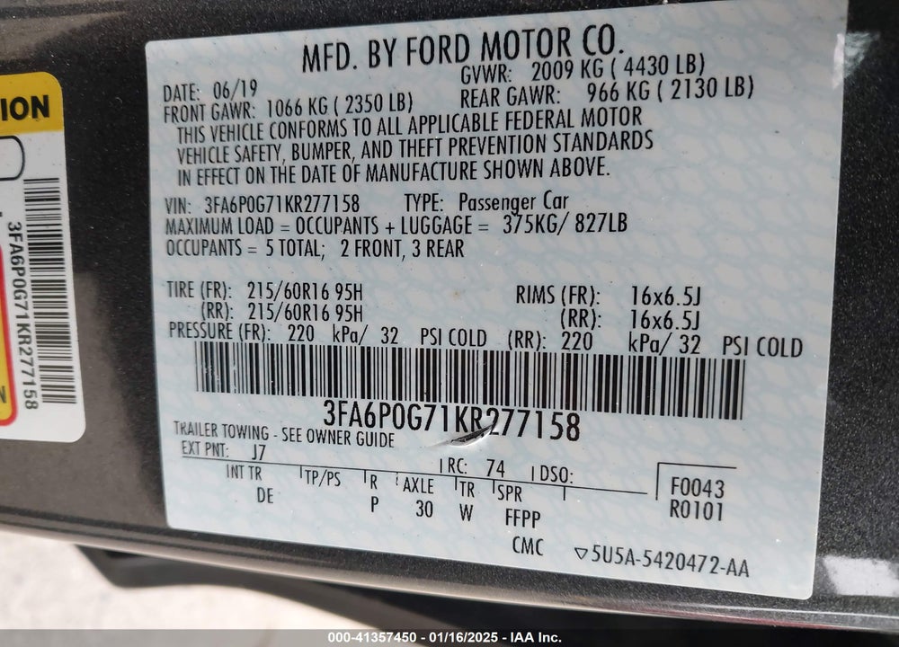 2019 FORD FUSION S VIN: 3FA6P0G71KR277158