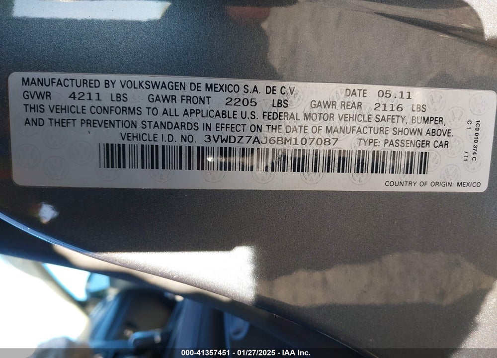 2011 VOLKSWAGEN JETTA VIN: 3VWDZ7AJ6BM107087