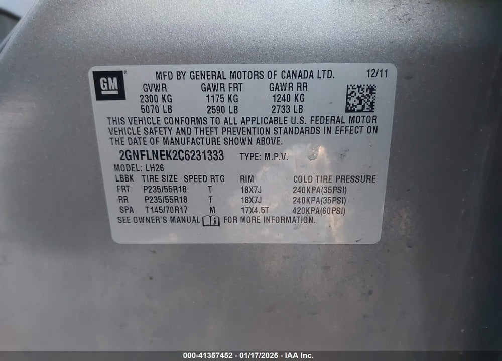 2012 CHEVROLET EQUINOX 2LT VIN: 2GNFLNEK2C6231333