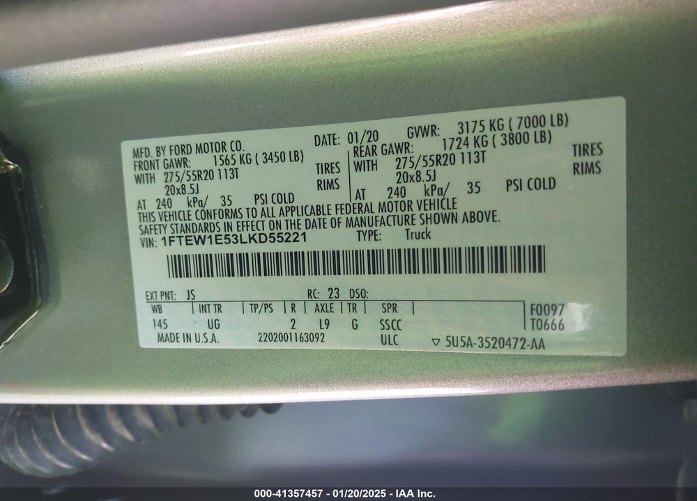 2020 FORD F-150 VIN: 1FTEW1E53LKD55221