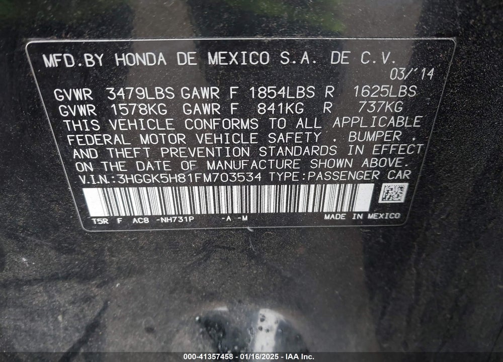 2015 HONDA FIT EX/EX-L VIN: 3HGGK5H81FM703534
