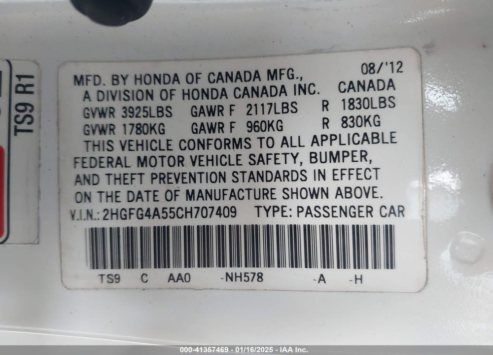 2012 HONDA CIVIC CPE VIN: 2HGFG4A55CH707409