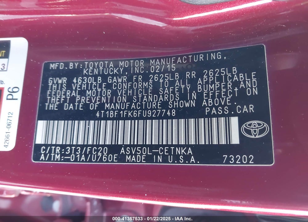 2015 TOYOTA CAMRY VIN: 4T1BF1FK6FU927748