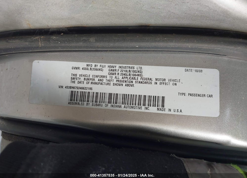 2004 SUBARU OUTBACK VIN: 4S3BH675346622195