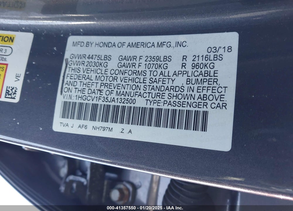 2018 HONDA ACCORD SPORT VIN: 1HGCV1F35JA132500