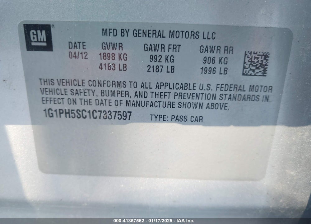 2012 CHEVROLET CRUZE VIN: 1G1PH5SC1C7337597
