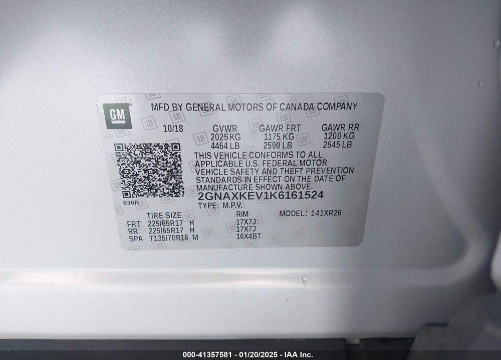 2019 CHEVROLET EQUINOX VIN: 2GNAXKEV1K6161524