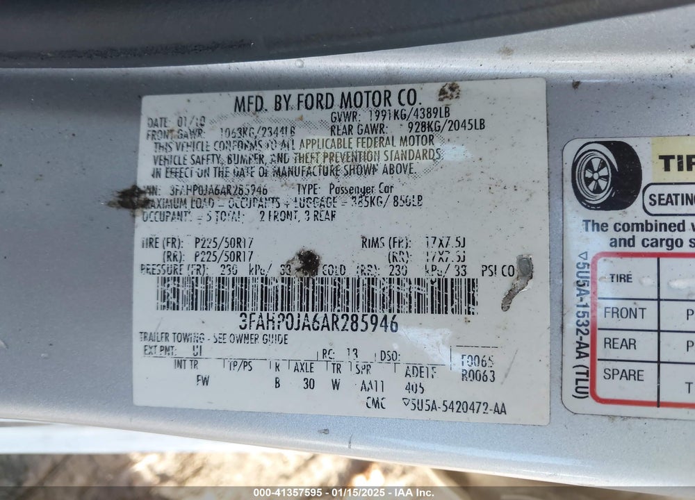 2010 FORD FUSION VIN: 3FAHP0JA6AR285946