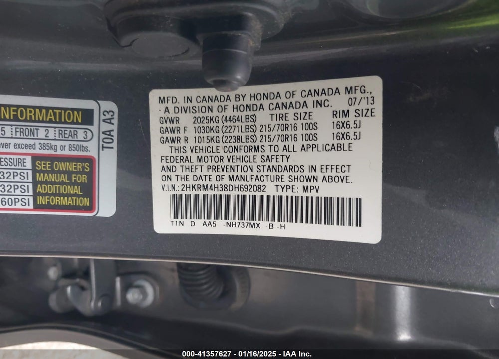 2013 HONDA CR-V LX VIN: 2HKRM4H38DH692082