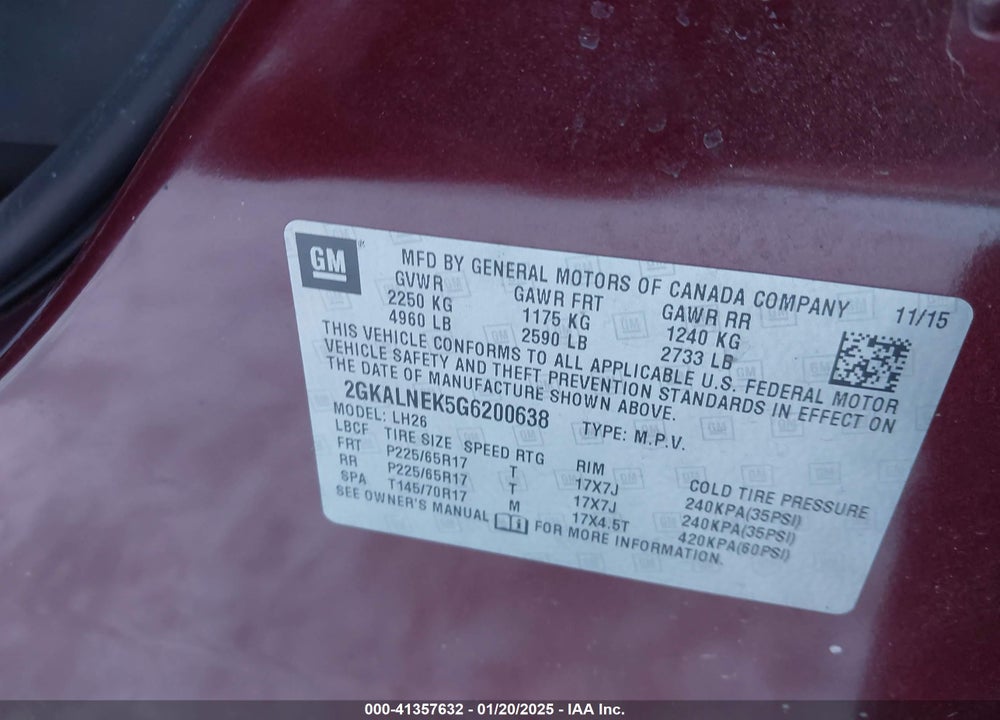 2016 GMC TERRAIN SLE-2 VIN: 2GKALNEK5G6200638