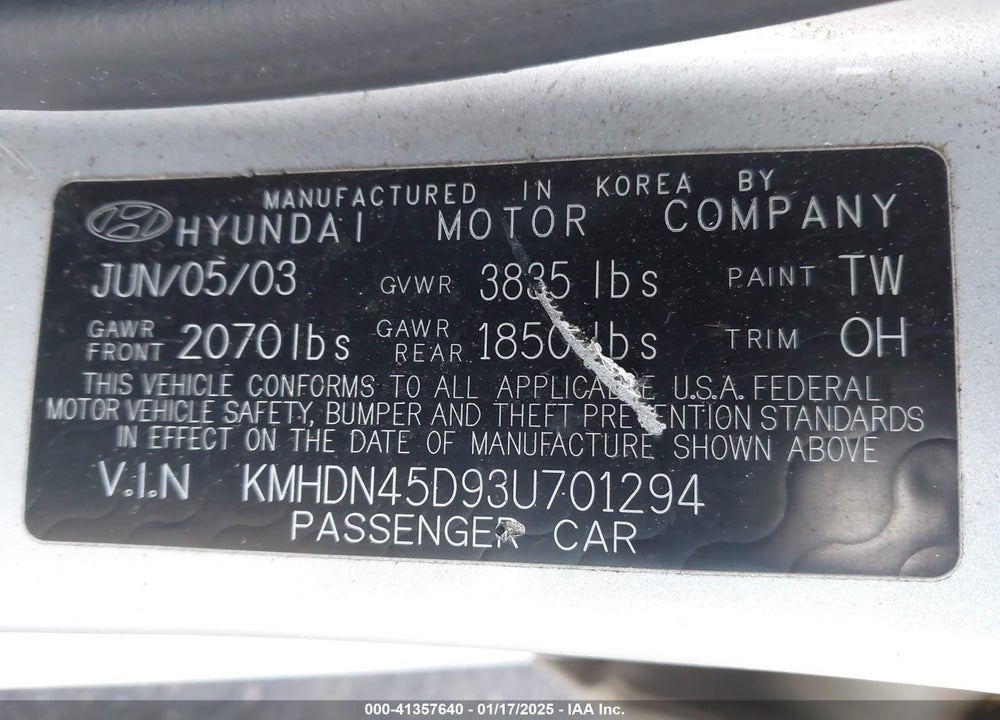 2003 HYUNDAI ELANTRA GLS/GT VIN: KMHDN45D93U701294