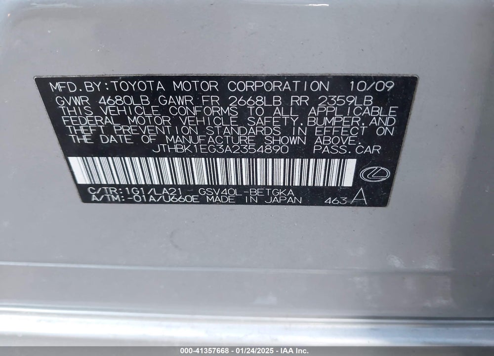 2010 LEXUS ES 350 VIN: JTHBK1EG3A2354890