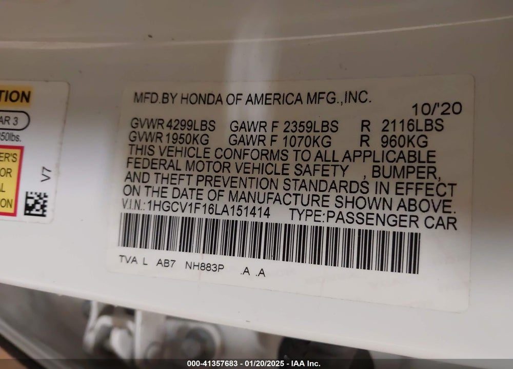2020 HONDA ACCORD VIN: 1HGCV1F16LA151414