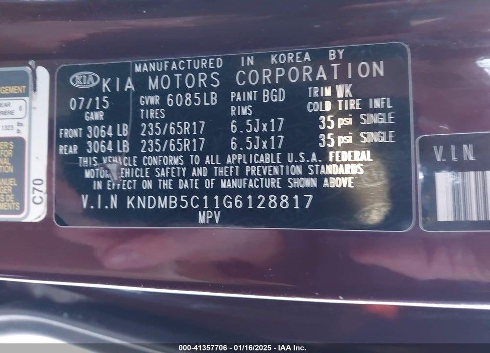 2016 KIA SEDONA LX VIN: KNDMB5C11G6128817