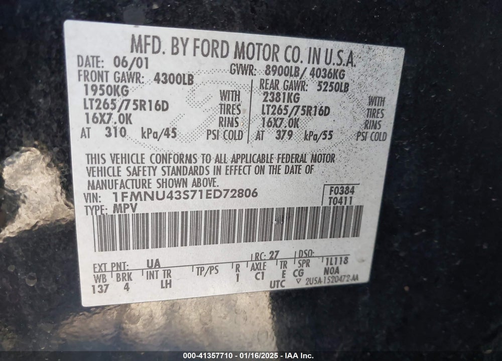2001 FORD EXCURSION LIMITED VIN: 1FMNU43S71ED72806