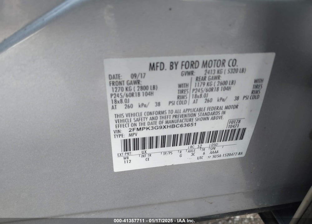 2017 FORD EDGE SE VIN: 2FMPK3G9XHBC63651