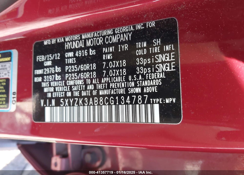 2012 HYUNDAI SANTA FE LIMITED VIN: 5XYZK3AB8CG134787