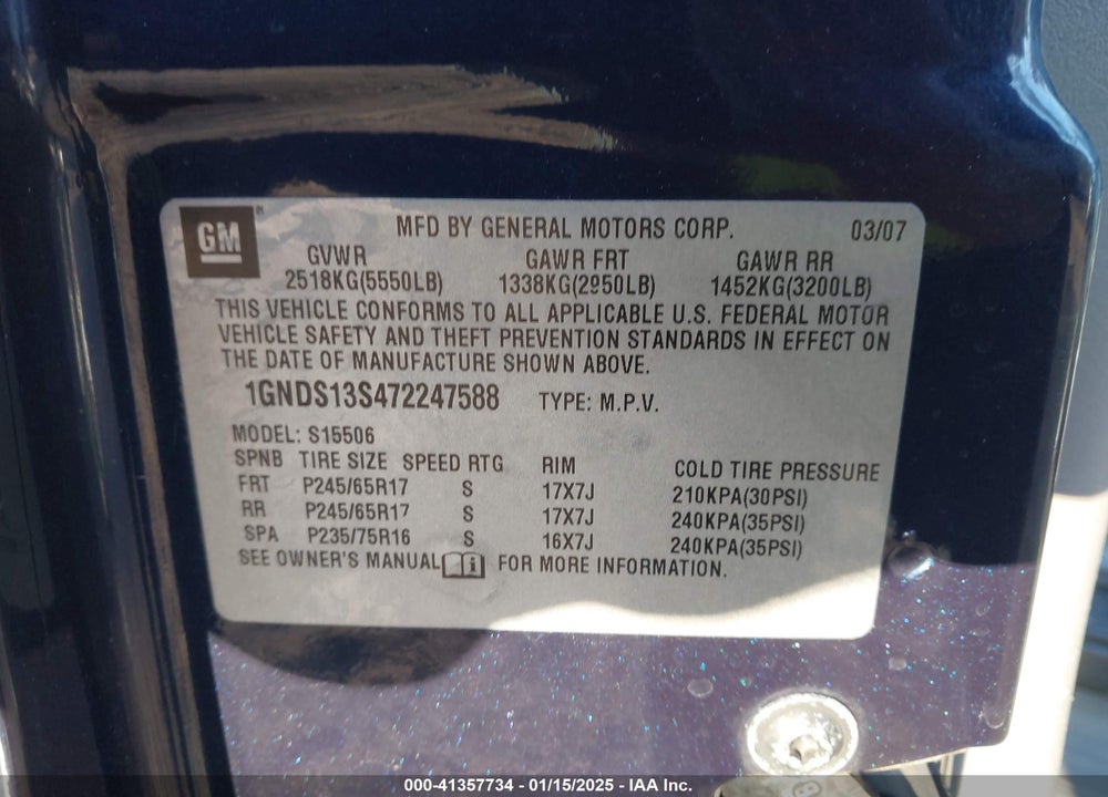 2007 CHEVROLET TRAILBLAZER LS VIN: 1GNDS13S472247588