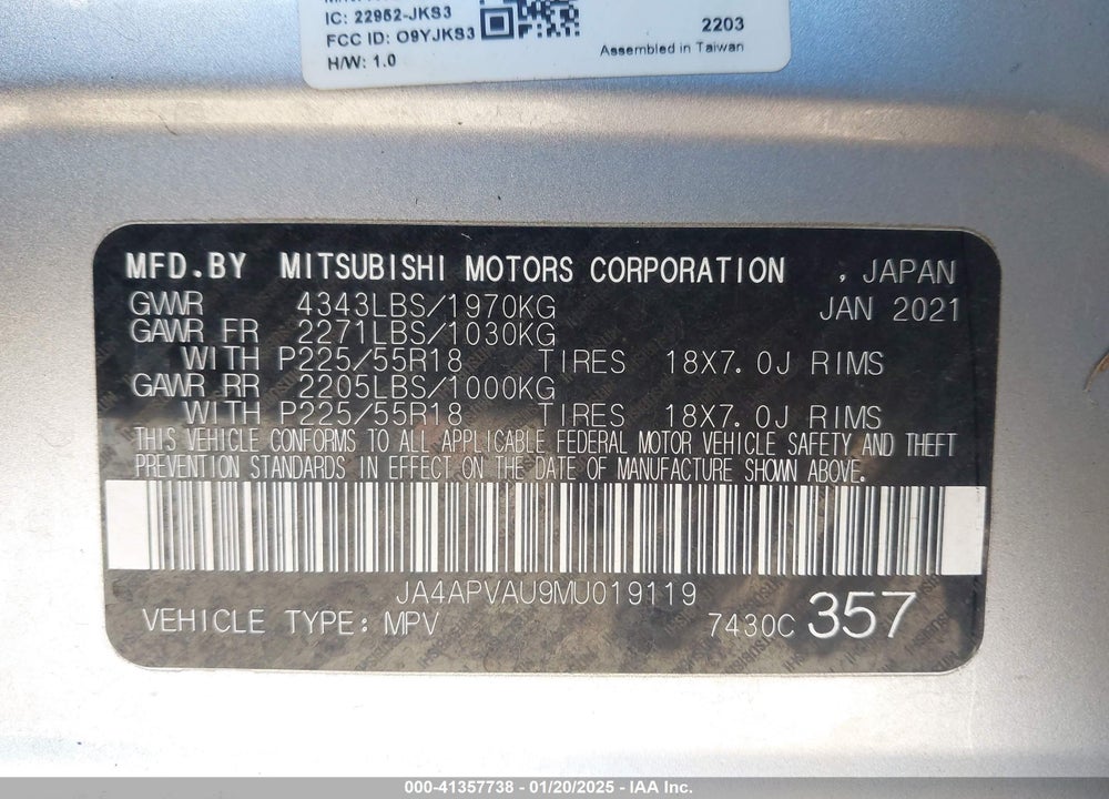 2021 MITSUBISHI OUTLANDER SPORT VIN: JA4APVAU9MU019119