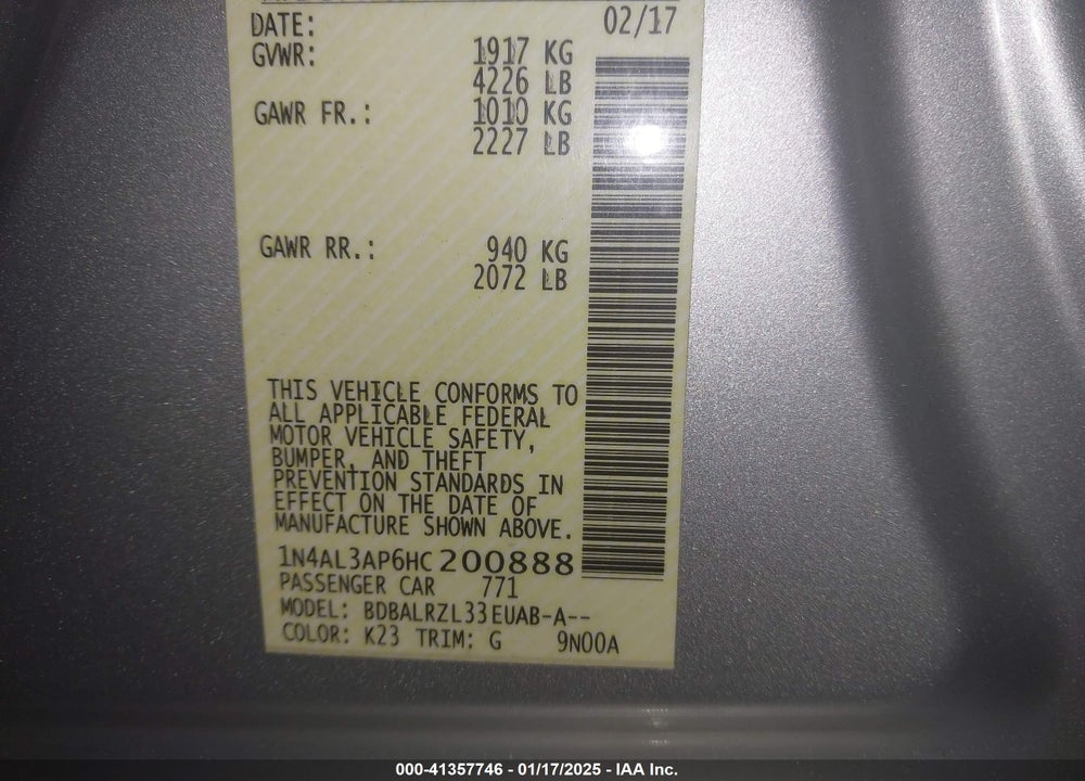 2017 NISSAN ALTIMA VIN: 1N4AL3AP6HC200888