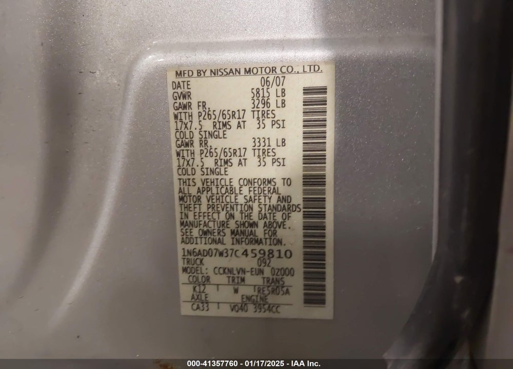2007 NISSAN FRONTIER VIN: 1N6AD07W37C459810