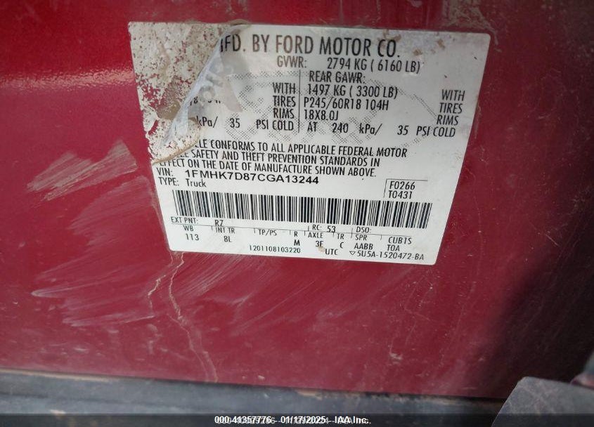 2012 FORD EXPLORER VIN: 1FMHK7D87CGA13244