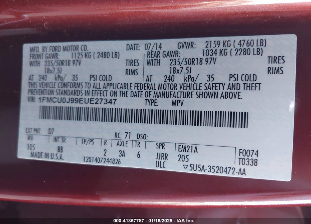 2014 FORD ESCAPE TITANIUM VIN: 1FMCU0J99EUE27347