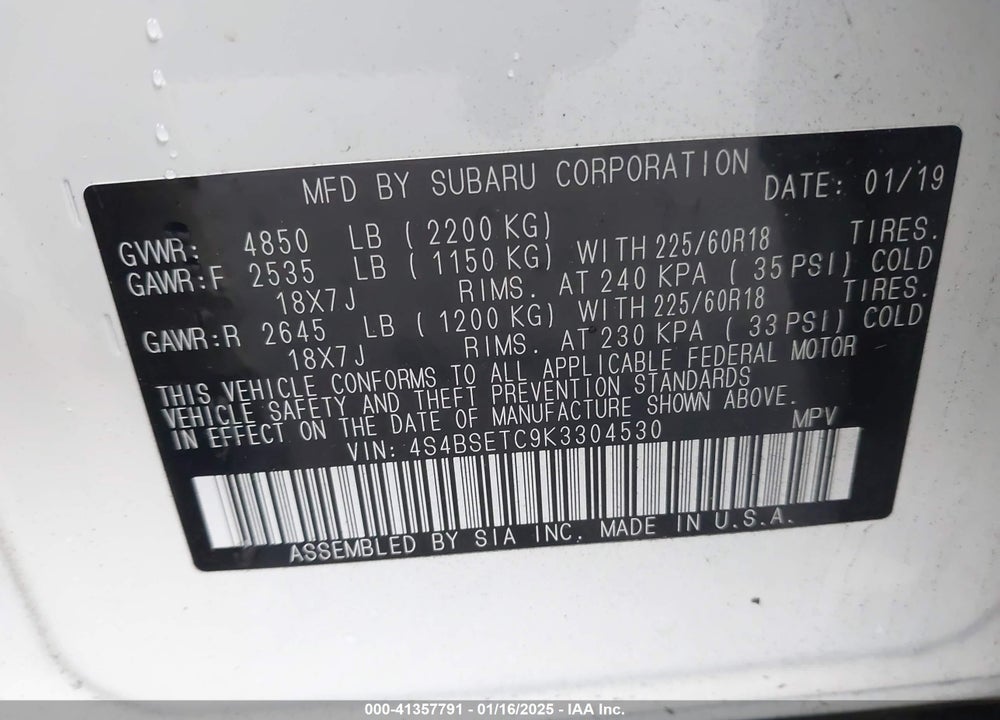 2019 SUBARU OUTBACK VIN: 4S4BSETC9K3304530