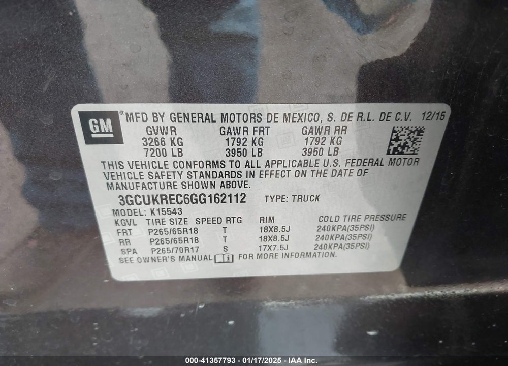 2016 CHEVROLET SILVERADO VIN: 3GCUKREC6GG162112