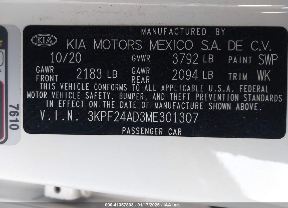 2021 KIA FORTE VIN: 3KPF24AD3ME301307