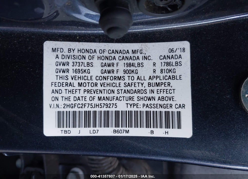 2018 HONDA CIVIC SEDAN VIN: 2HGFC2F75JH579275